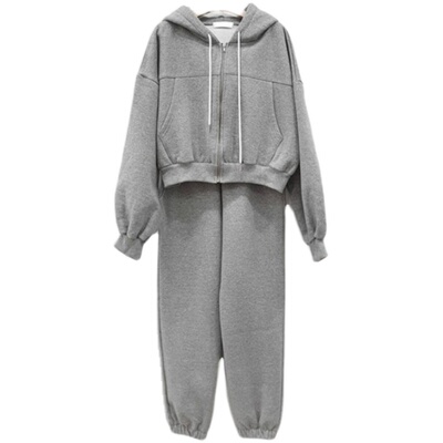 休闲连帽拉链开衫高腰束脚裤套装