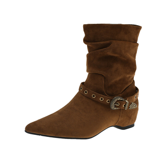 复古皮带扣加绒尖头短靴女褶皱堆堆靴秋冬季新款真皮内增高瘦瘦靴