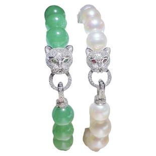 18K白金钻石珠链扣头镶嵌红宝珍珠手链定制金扣翡翠豹子项链男女