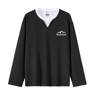 班尼路S&K华夫格长袖t恤男春季新款青少年重磅假两件打底衫圆领Y