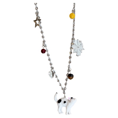 银色小猫花朵钛钢长款高级感项链