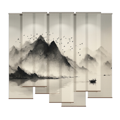 新中式烟山归舟隔断玄关入户卷帘