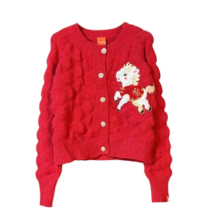 小香风红色马年毛衣外套女短款宽松上衣2026春季新款内搭针织开衫