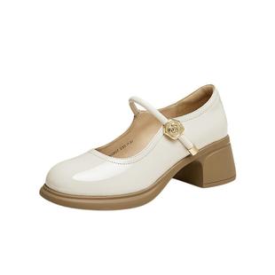 TATA他她落日玫瑰粗跟小皮鞋女白色玛丽珍鞋女单鞋新款WGB07CQ4