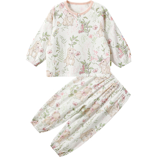 威尔贝鲁儿童睡衣套装春夏竹棉纱布宝宝家居服套装薄男女童空调服