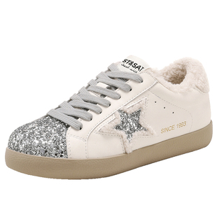 星期六休闲板鞋小白鞋2025新冬季加绒爆款平底休闲鞋星星德训鞋女