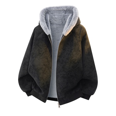 拉夏贝尔重磅650g超厚毛绒外套冬季新款荔枝纹软皮座山雕棉衣男士