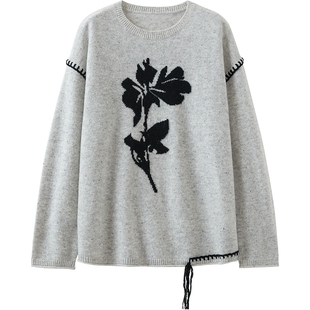 播撞色提花流苏针织衫女冬季宽松圆领提花毛衣DDS4SD5209