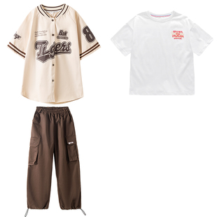 夏季街舞儿童棒球服短袖字母衬衫外套hiphop男女童嘻哈六一演出服