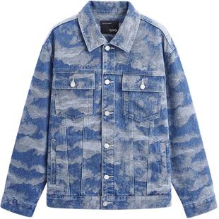 GXG男装2024春季款翻领休闲男士花色水洗牛仔夹克外套男上衣