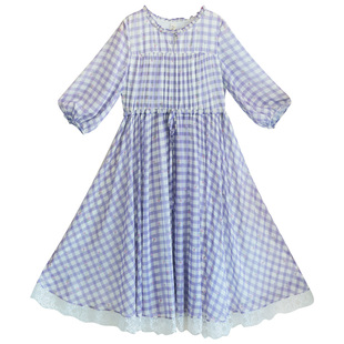 【夏日暮野】文艺方格子连衣裙女夏季灯笼袖碎花裙底摆蕾丝花边裙