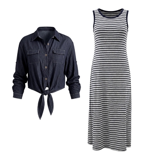 马天奴2026春夏新款蓝色绑带衬衫上衣条纹连衣裙子两件套装时尚女