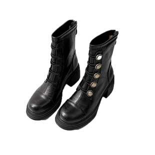 羊皮版~高跟短靴女2025新款增高马丁靴小个子厚底黑色瘦瘦裸靴子