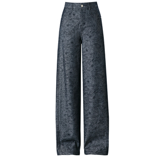 花色牛仔弯刀裤女春季2026新款高腰宽松垂坠感直筒阔腿裤子春秋款