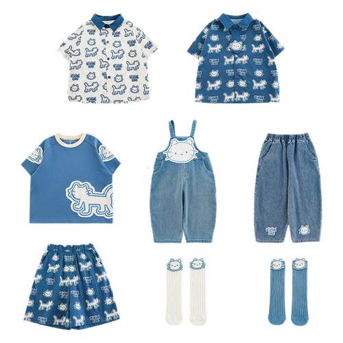 幼悠 男童夏季新款翻领衬衫短袖圆领T恤慵懒凉感短裤蓝白猫咪套装