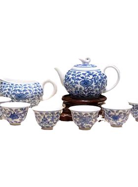 红叶青花茶具一壶六杯青花缠枝