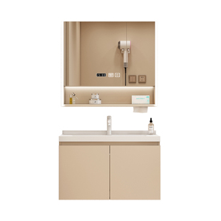 卫生间小户型浴室柜组合陶瓷一体盆奶油色实木50洗手洗脸盆洗漱台