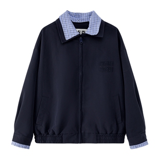左西男童外套春季2026新品儿童假两件千鸟格拼接领Miu哈灵顿夹克