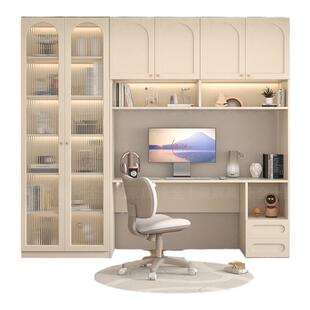 书桌书架一体桌奶油风带书柜组合学生学习桌家用办公桌台式电脑桌