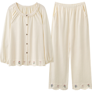 马克公主高颜值睡衣女春秋新款洋气蕾丝纯棉长袖甜美可外穿家居服