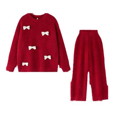 BE蝴蝶结半边绒红色女睡衣冬新品