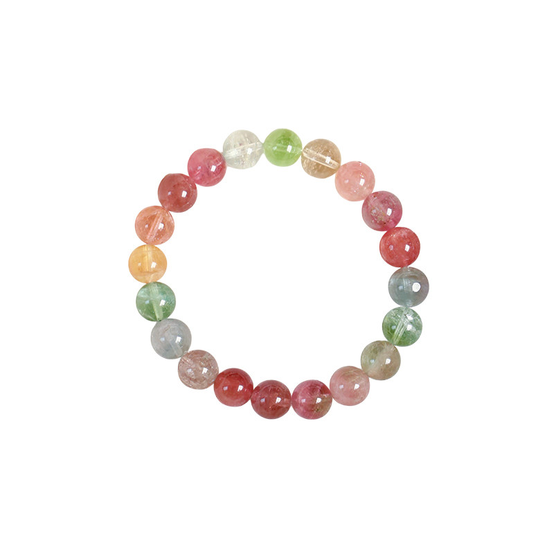 天然水晶老矿糖果色碧玺圆珠款单圈手链 女款水晶碧玺手串饰品