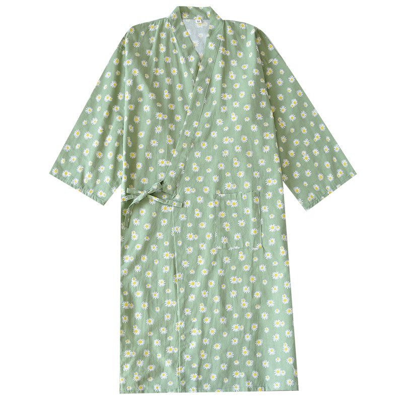 日式V领斜襟和服睡袍女春秋薄款纯棉纱布中长款系绳浴袍家居服夏