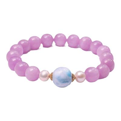 紫气东来紫锂辉圆珠搭海纹石手链