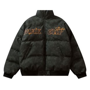 复古美式羽绒服棉服字母刺绣冬季加厚oversize宽松皮衣外套ins潮