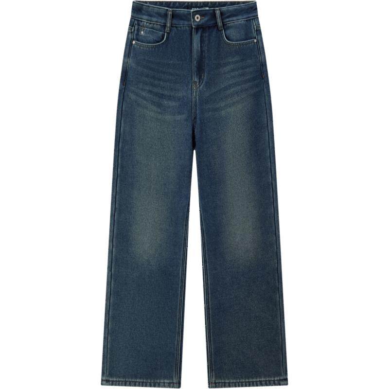 森马百搭加绒宽松阔腿牛仔裤女