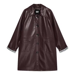 DKNY唐可娜儿上衣百搭经典款哑光皮革宽松大口袋皮衣时尚外套女士