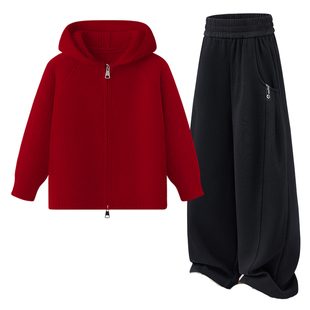 雅鹿女童新年衣服2026新款女大童加厚洋气毛衣冬儿童红色过年套装