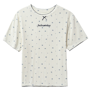tutuanna睡衣女夏 日本同款针织透气碎花蝴蝶结短袖三件套家居服
