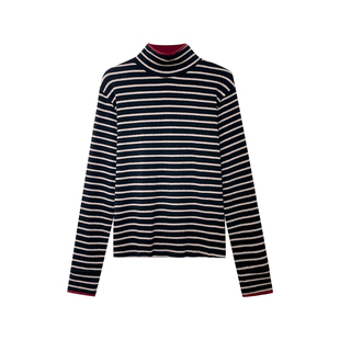 撞色条纹半高领长袖T恤女春季新款大码百搭上衣宽松显瘦打底衫冬