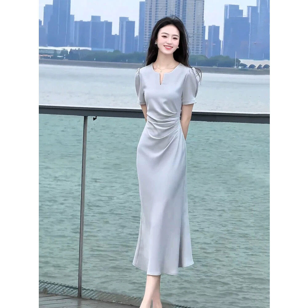 夏娃的女装一线大牌欧货外贸折扣清仓夏季法式端庄大气醋酸收腰蓝