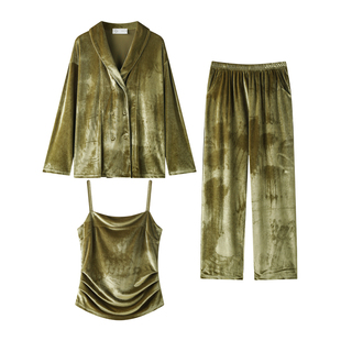 曼系“沪上大美人”金丝绒睡衣女秋冬双排扣气质纯色薄绒三件套装