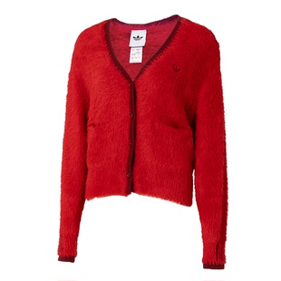 阿迪达斯三叶草女装2026春新年款欧阳娜娜同款红色毛衣外套KT3171