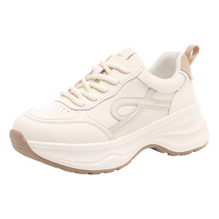 红蜻蜓女鞋冬季白色鞋子休闲运动皮面老爹鞋女款厚底增高加绒保暖