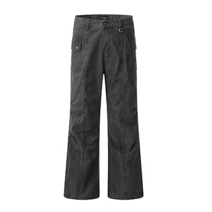 190高个子加长美式复古做旧灰色褶皱微喇叭工装裤男女宽松休闲裤