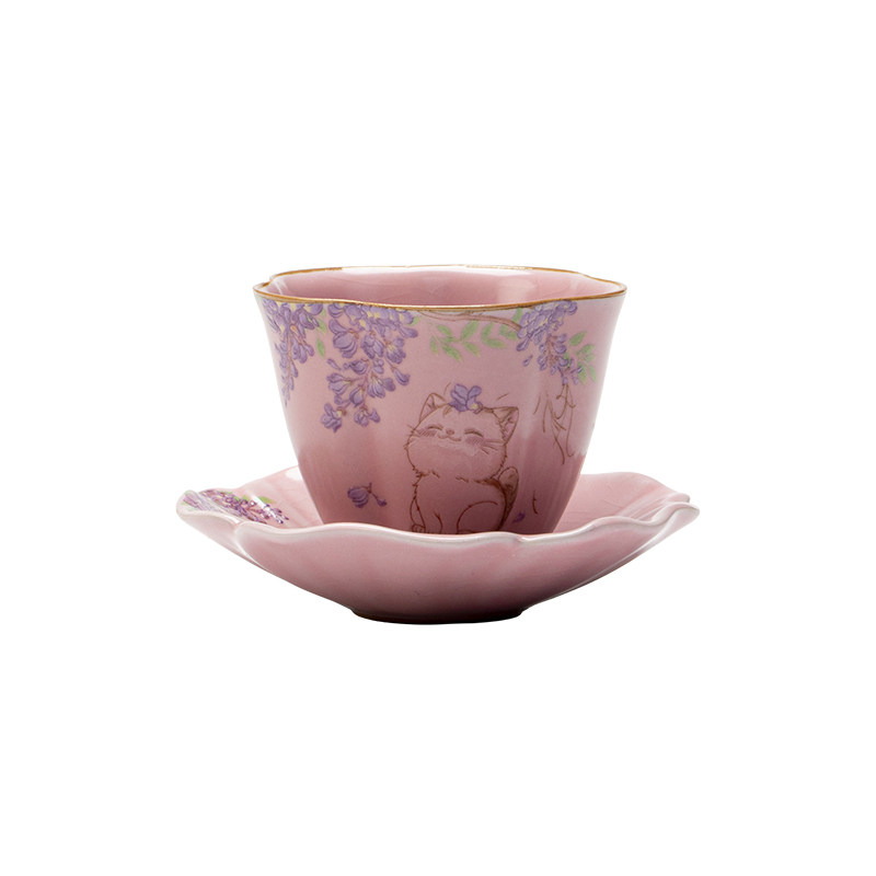 粉色汝窑紫藤猫花口茶杯主人杯