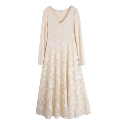 胖mm大码新中式蕾丝针织连衣裙