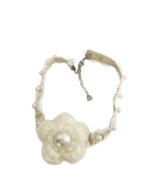 温柔淑女气质珍珠毛绒针织花朵项链超仙小清新少女感ins风锁骨链