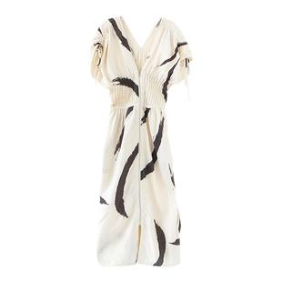 Garbociaga龙喜儿 水墨印染 亚麻收腰打揽印花气质水墨连衣裙6181