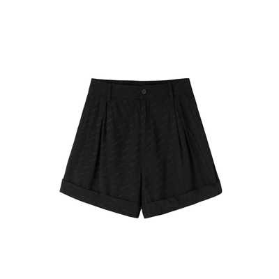 U/TI黑色暗纹花版翻边休闲裤女时尚百搭阔腿短裤尤缇时尚夏季新款