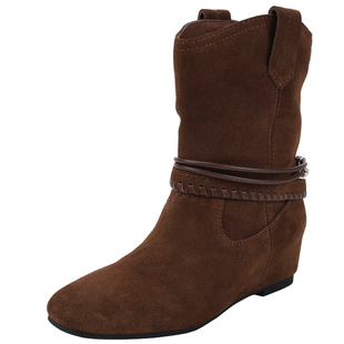 复古真皮绒面西部靴女2026春季新款内增高棕色绑带装饰方头时装靴