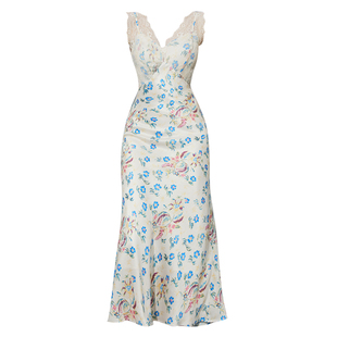 DPLAY【度假系列】2025夏季新款蓝色连衣裙女法式缎面裙子长裙