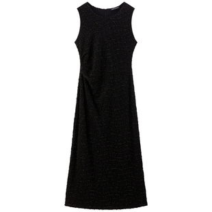 【夜巴黎】太平鸟细闪无袖连衣裙女2025夏新款礼服收腰长裙黑吊带