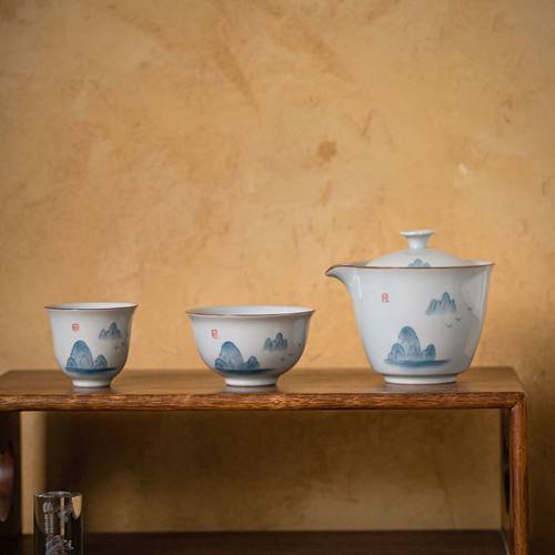 户外露营快客杯山水茶具快一功夫客彩旅行便捷布包杯釉下二杯壶