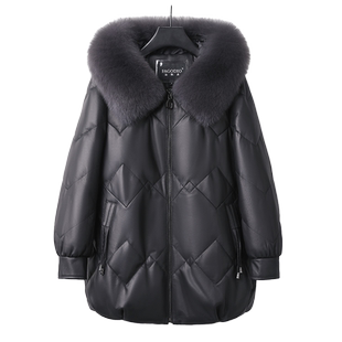 绵羊皮皮衣大码真皮羽绒服女冬装妈妈装狐狸毛连帽中老年上衣外套