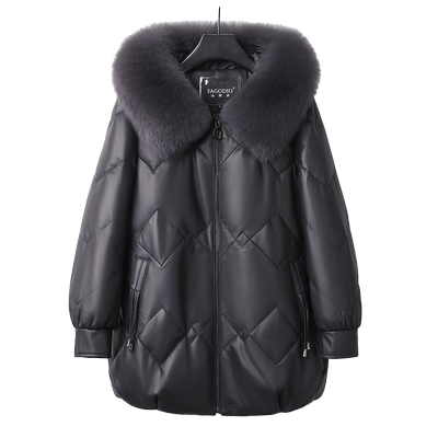 法歌弟连帽真皮妈妈装羽绒服